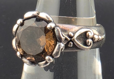 Vintage Rauchquarz Solitär Blume Herzen Sterlingsilber Ring Größe 7