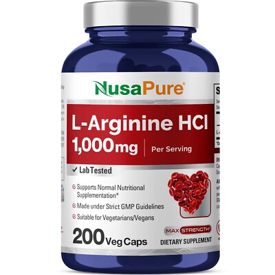 NusaPure L-Arginine 1000 mg 200 Veggie Capsules Non-GMO Vegetarian