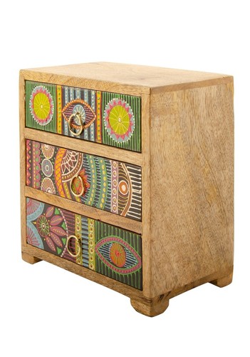 Cómoda de madera estilo africano pintada a mano 3 cajones para joyas o baratijas - Imagen 3 de 4