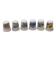 Set Of 6 VTG Airplane Thimbles Porcelain Gold Trim Wright Borthers Boxcar Planes