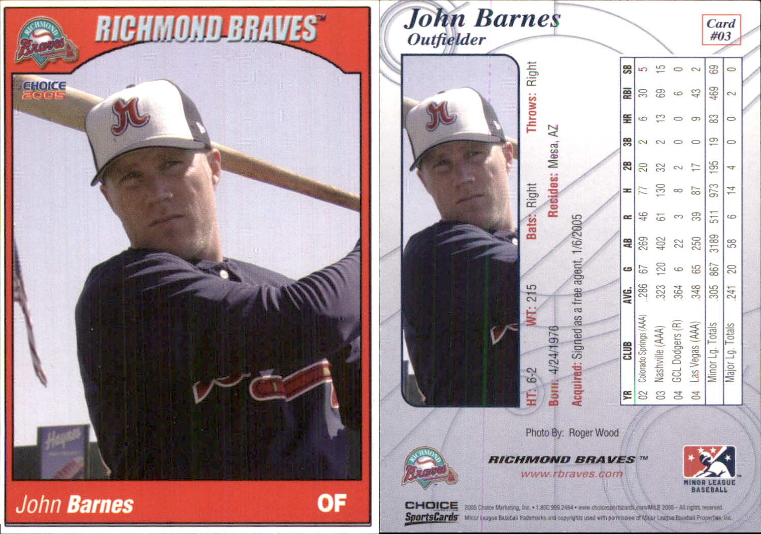 John Barnes 2005 Choice Richmond Braves 3 RC Card Richmond Braves eBay