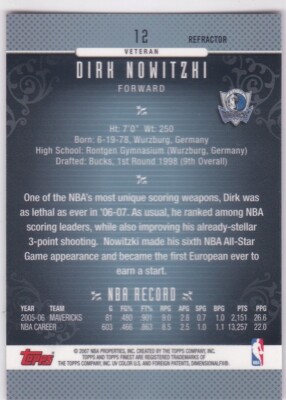 その他 NBA Finest Refractor Dirk Nowitzki RC DIRK NOWITZKI 2007 Topps Finest RARE REFRACTOR Basketball Card