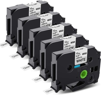 5er-Pack kompatibles Brother TZe 12 mm laminiertes Etikettendruckerband schwarz auf weiß