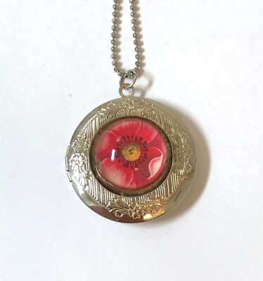 Artisan Handcrafted Glass Silver Plate Picture Photo Locket Pink Flower Pendant 