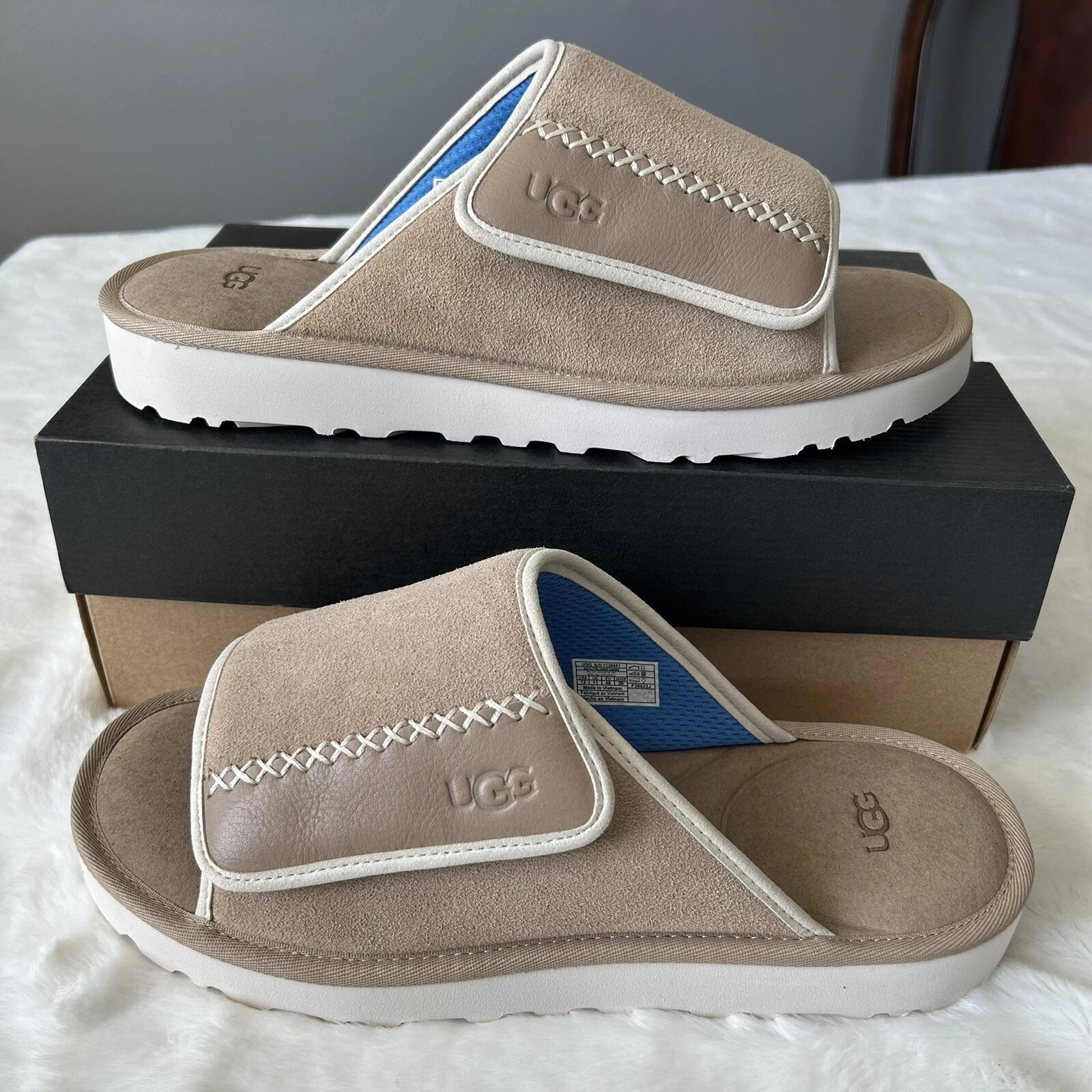UGG Goldenco Slide scamosciato sandalo slip on uomo taglia 12 sabbia Santorini beige