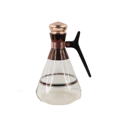 Vtg 70s Mid Century Modern MCM Striped Handled Glass Carafe Container Rose Gold