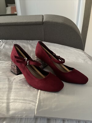BEAUTIFUL DEEP RED BURGUNDY GLITTER BLOCK HEEL