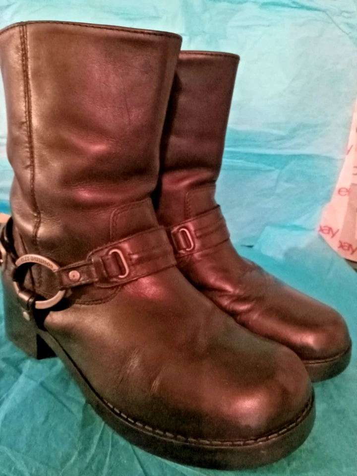 Womens Sz 11 Harley Davidson Black Leather Zip 10" Motorcycle Boots With Emblems — 第 2/4 张图片