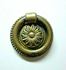 Solid Cast Brass 1850s Floral Drop Ring Pull Handle Flower 1-1/4" Round Antique