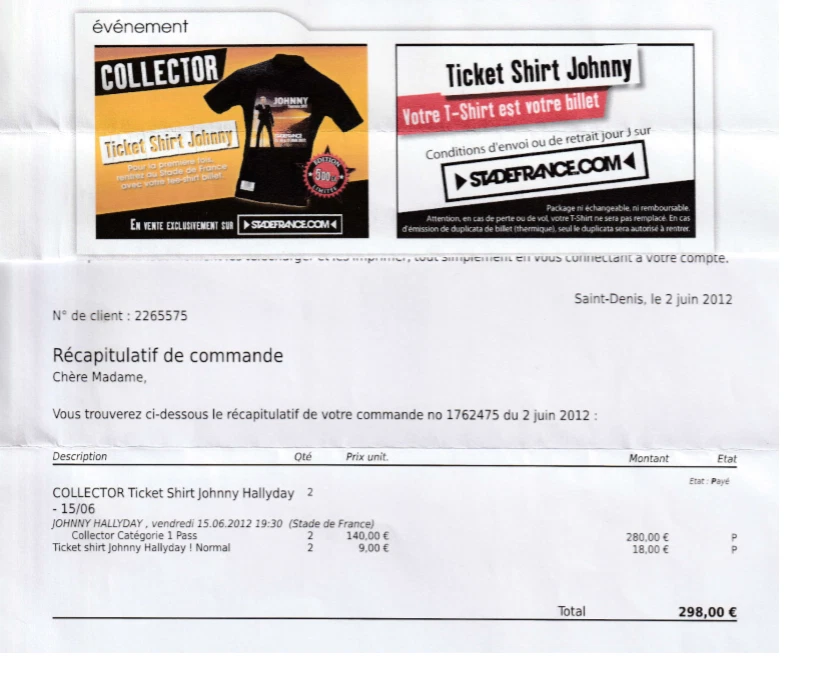 Johnny Hallyday tee shirt billet de concert par code barre Rare Collector - Photo 3/3