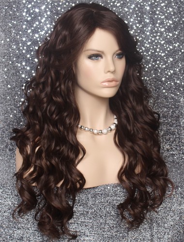 Echthaar Mischung Perücke 25" lang Beachy gewellt voll braun kastanienbraun Mix Pony 6-30 Neu mit Etikett - Bild 2 von 6