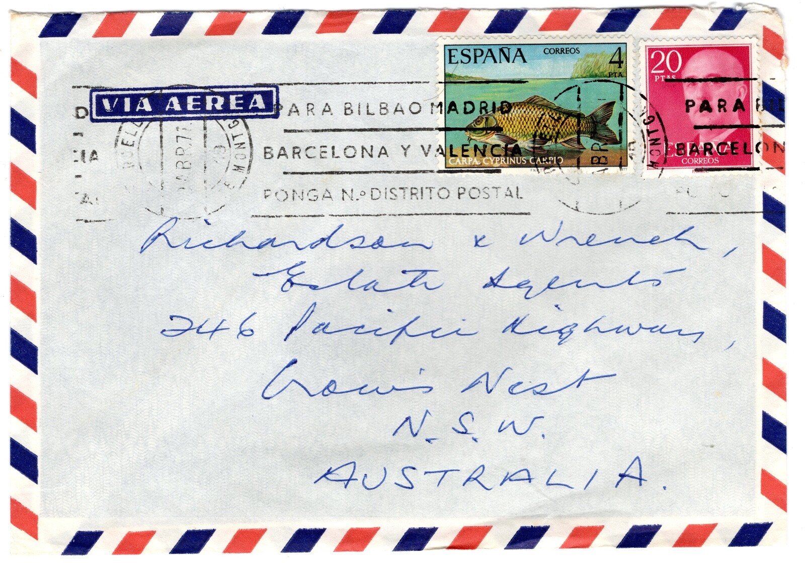 1972 Apr 8th. Air Mail. Madrid to Crows Nest NSW.