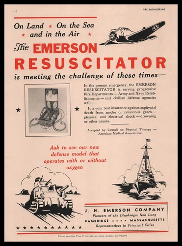 1942 J. H. Emerson Co. Resuscitators WWII Battleship Tank Plane Cartoon Print Ad