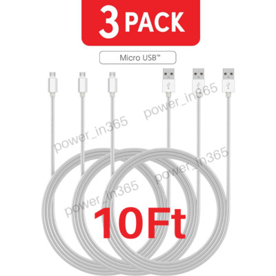 3 Pack 10Ft Micro USB Charging Cable Data Sync Charger Cord for Android Samsung