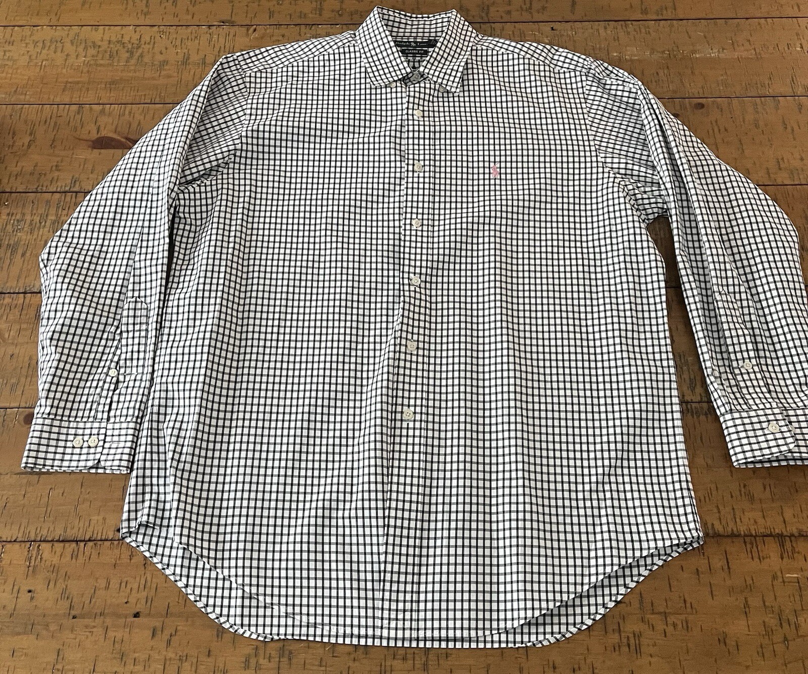 Ralph Lauren Shirt Mens 16.5 Black White Gingham Check Button Up Pink Pony Dress