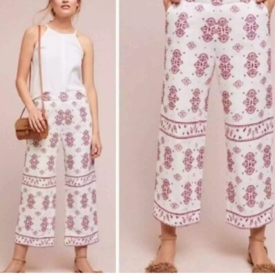 Anthropologie Ett Twa Jadida Embroidered Wide Leg Linen Pants 6 - White / Red