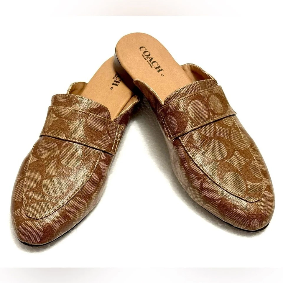Zapatos sin cordones COACH Monograma Marrón Tostado Mula Medio Mocasines Talla 9