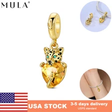 MULA European Golden Leopard Heart DIY Charm CZ for Bracelet 925 Sterling Silver