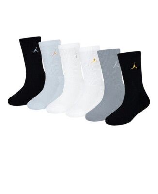 NEW BOYS JORDAN SOCKS 5Y - 7Y WHITE BLACK GREY GOLD LOGO 6 PAIRS CREW MEDIUM