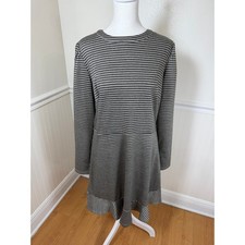 LOFT Houndstooth Ruffle Hem Dress Women 12 Black White Long Sleeve Knit 33712949