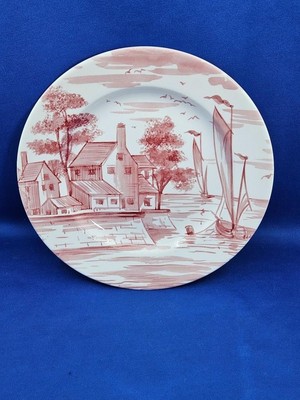 Spode English Delftware Cranberry Pink Salad Plate Sailboat Scene England 7.75''