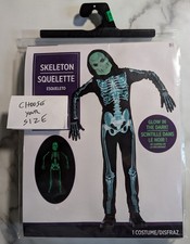 Childs 4pc Skeleton Glow In The Dark Bones Halloween Costume Hooded GITD