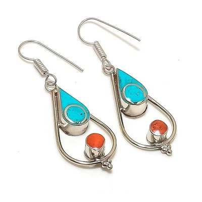 Boucles d'oreilles pierres précieuses corail rouge turquoise bijoux... - Photo 1/4