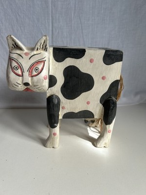 Skurrile seltsame handgefertigte Holz Kuh Katze Spardose. Vintage Zustand.