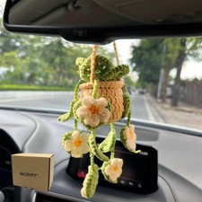 Handcrafted Crochet Hanging Plant for Car Rearview Mirror Decor 7 Inches