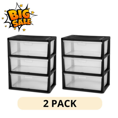 2 Pack Sterilite Wide 3 Drawer Tower Black Plastic Storage Organizer Cart Unit