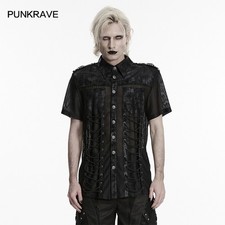Punk Rave Hombres Negro Gótico Punk Malla Envejecida Camisa Con Cordones Manga Corta Top