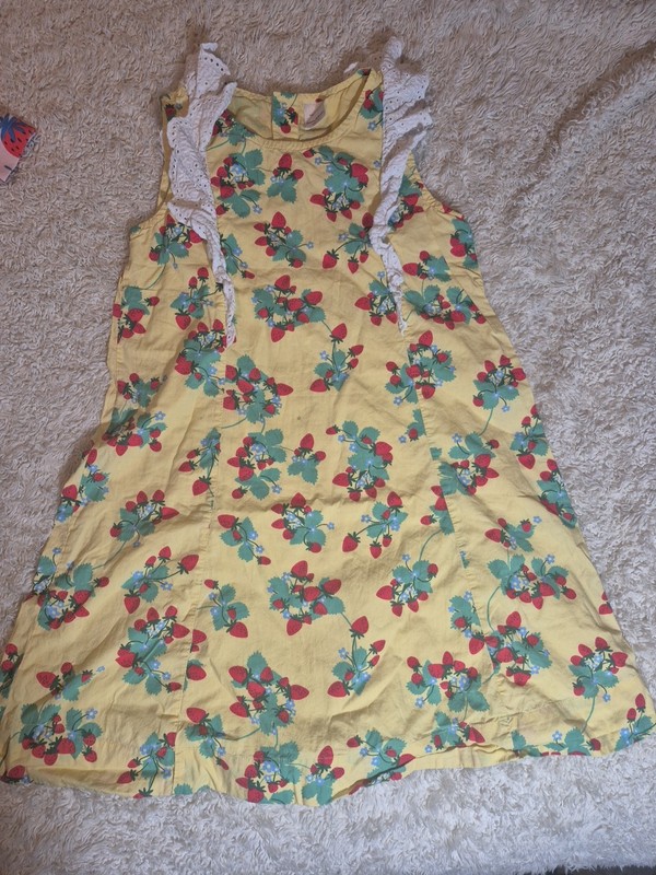 Hanna Andersson Strawberry Dress 10 Yelloe+Red Eyelet Ruffle Lace Fruit Sundress