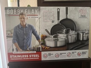 NEW Bobby Flay 10pc Ensemble d'articles de cuisine en acier inoxydable, pots - Boîtes - Cuillères comprises