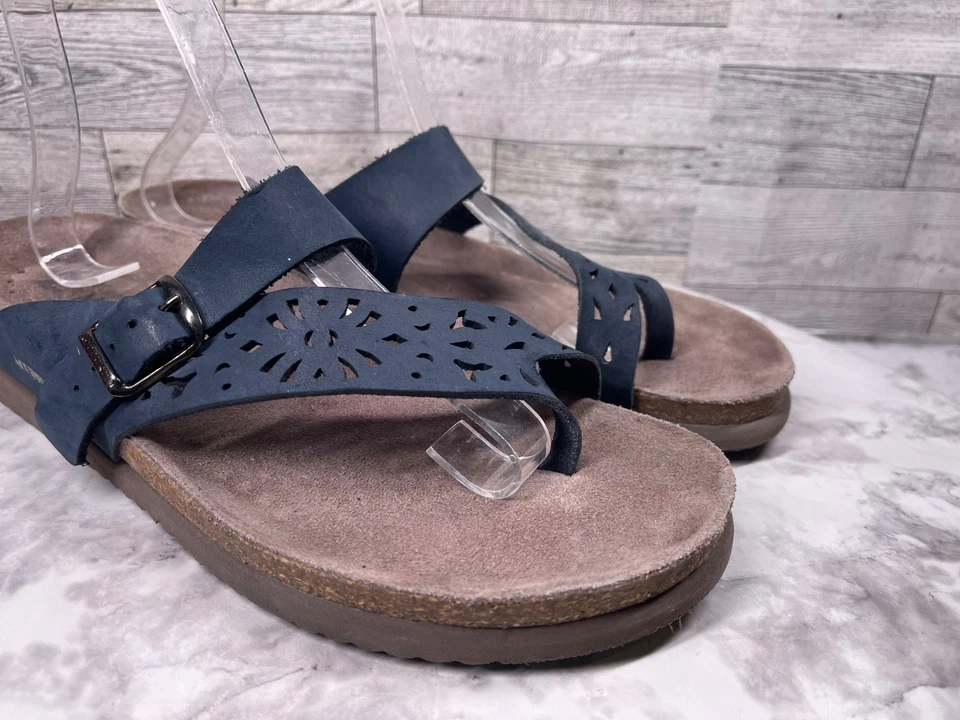 Mephisto Slides Sandals Women 10.5 Helen Shoes Blue Perforate Leather Thong Flat - Image 2 of 4