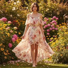 A.U.W, Womens Medium, Cream Floral, High-Low Dress, Cottagecore Fairycore Boho