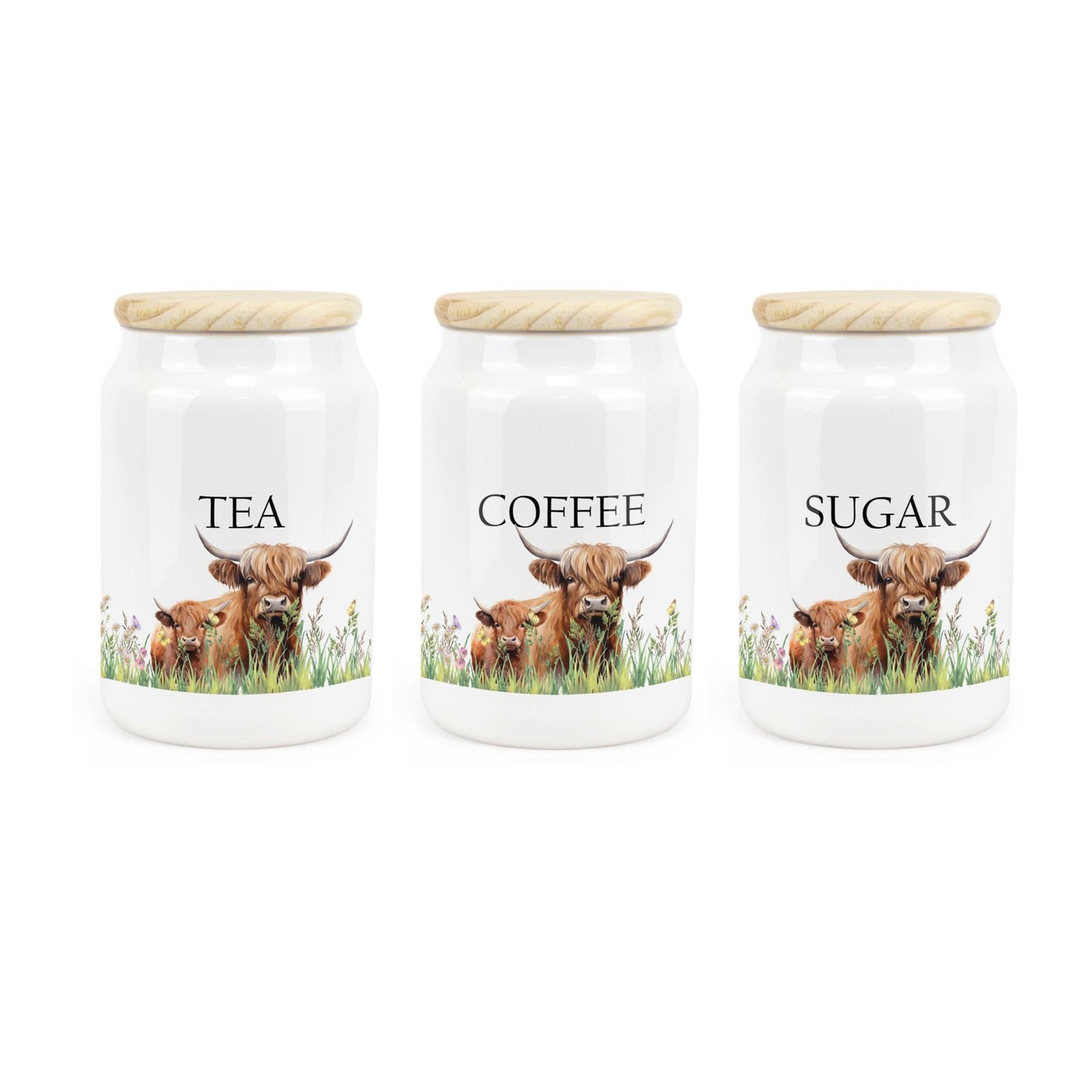 Ceramic Tapered Highland Cow & Calf Canisters - Tea, Coffee & Sugar Containers