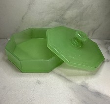 Green Depression Opaque Glass Octagonal Art Deco Covered Powder Box 4”- see chip