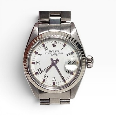Rolex Ladies Date 26 mm Steel 18K White Gold Bezel Oyster Watch 6917 Circa 1979