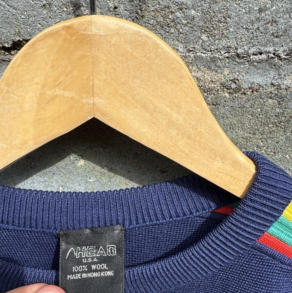 Suéter Esquí Vintage HEAD 100% Lana Pequeño Arco Iris Rayas Años 70 80 Jersey Foto 3 de 4