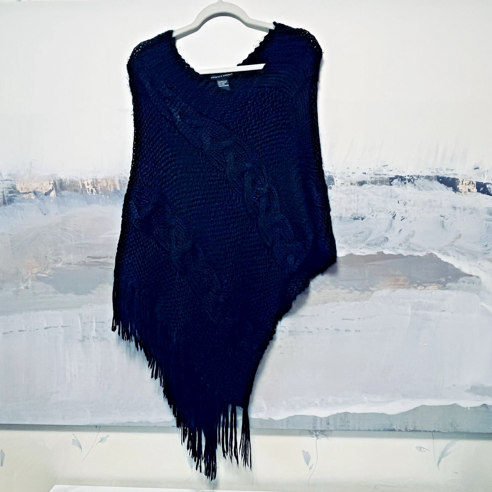 Vtg SASSON Black Crochet Knit Asymmetrical Fringe Poncho Whimsigoth Boho ONE SZ