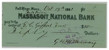 1891 Fall River MA Bank Check Massasoit National Signed G.H. Hathaway EC Gifford