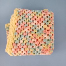 Handmade Crochet Vintage Afghan Baby Blanket Throw Pink Yellow Blue White 36x38"