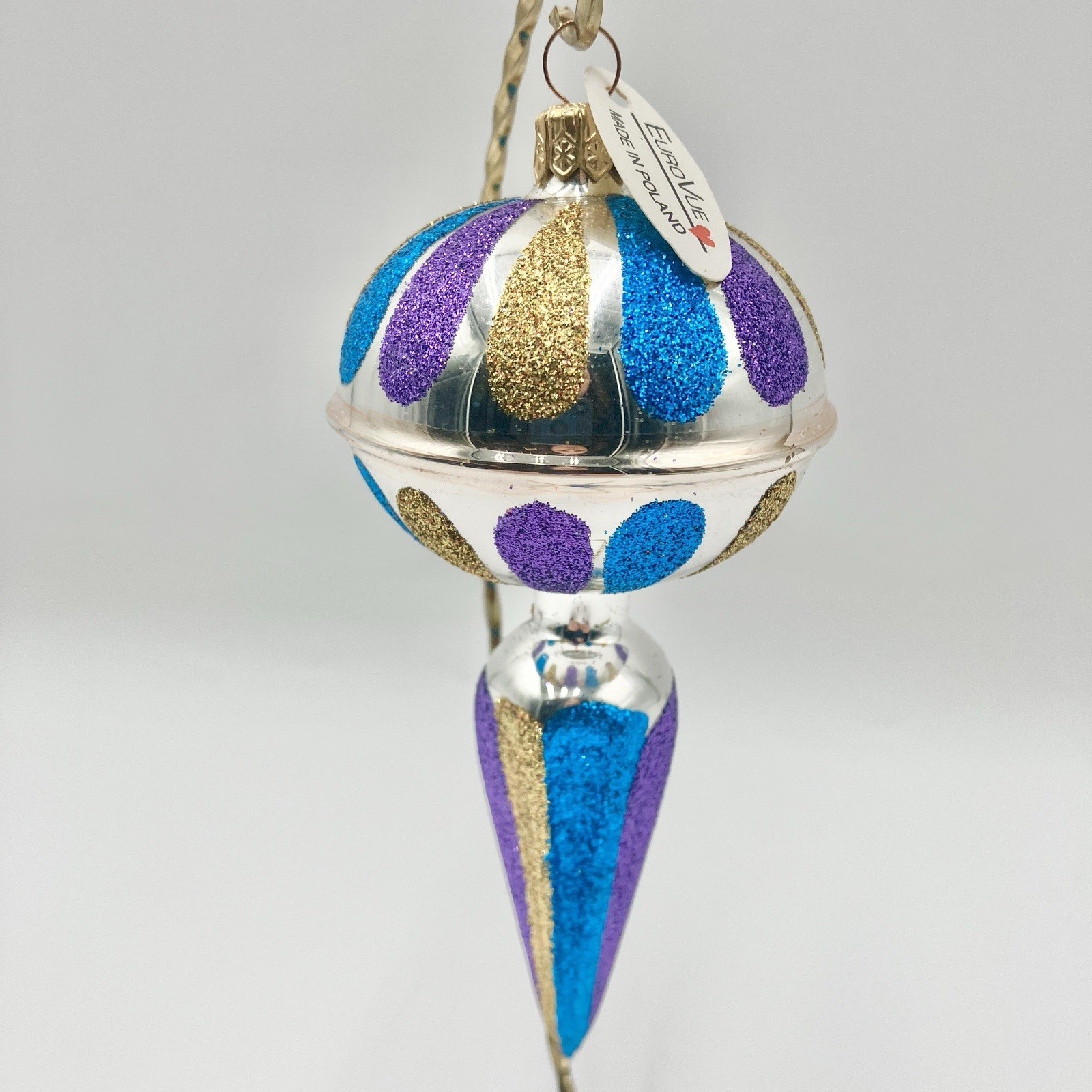 Eurovue Poland Blown Glass Finial Drop Ornament 5.5” Teardrop Glitter Vtg