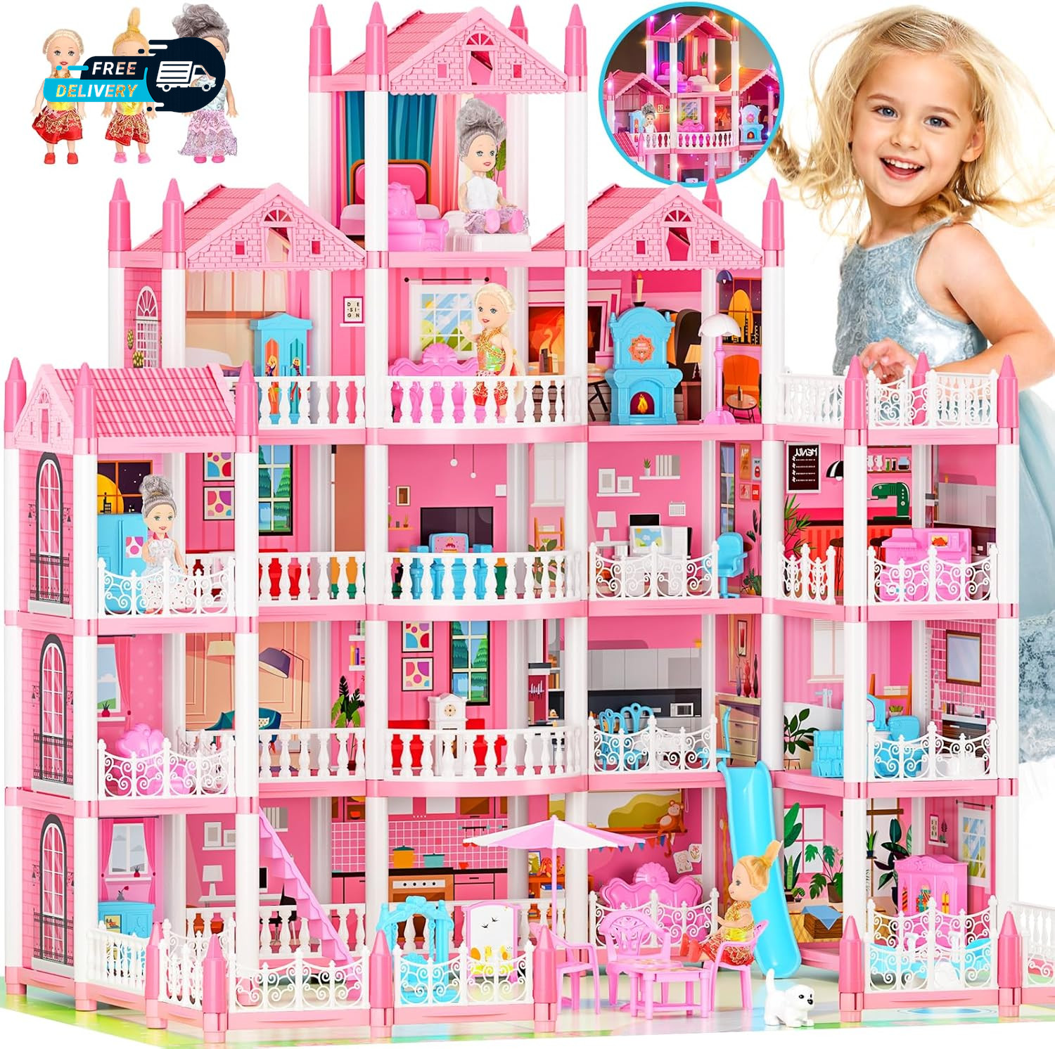 5-Story Dream Doll House for Girls with 19 Rooms, Lights, Do