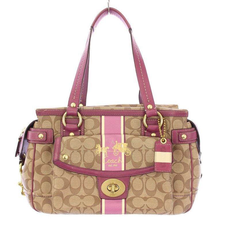 Signature Canvas Leather Handbag with Logo Charm in Brown & Purple All-Over Pattern 12529