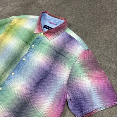 Tommy Bahama Shirt Mens XL 100% Linen Button Up Hawaiian Multicolor Plaid Summer