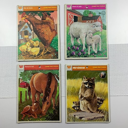 70s 80s Lot of 4 Animal Kids Puzzles Horse Colt; Sheep Lamb; Raccoon; Hen Chick - Picture 1 of 6