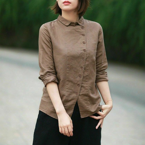 Lady Cotton Linen Asymmetry Button Long Sleeve Blouse Shirt Tops Retro Casual - Picture 13 of 18