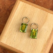 14K Yellow Gold Emerald-Cut Green Peridot Gemstone Dangle Hoop Earring Charms