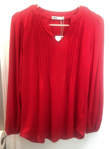 MIHOLL Women's Long Sleeve V-Neck Pleated Front Red Shirt Blouse Size Small NWT